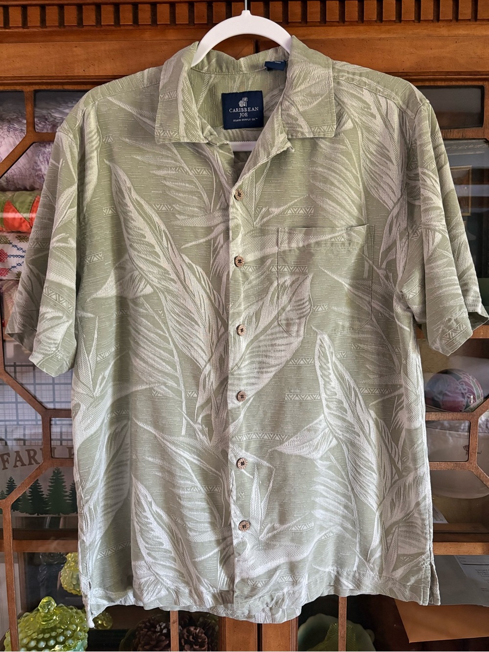 Caribbean Joe Light Sage Tropical Print Short-Sleeve Camp Shirt
